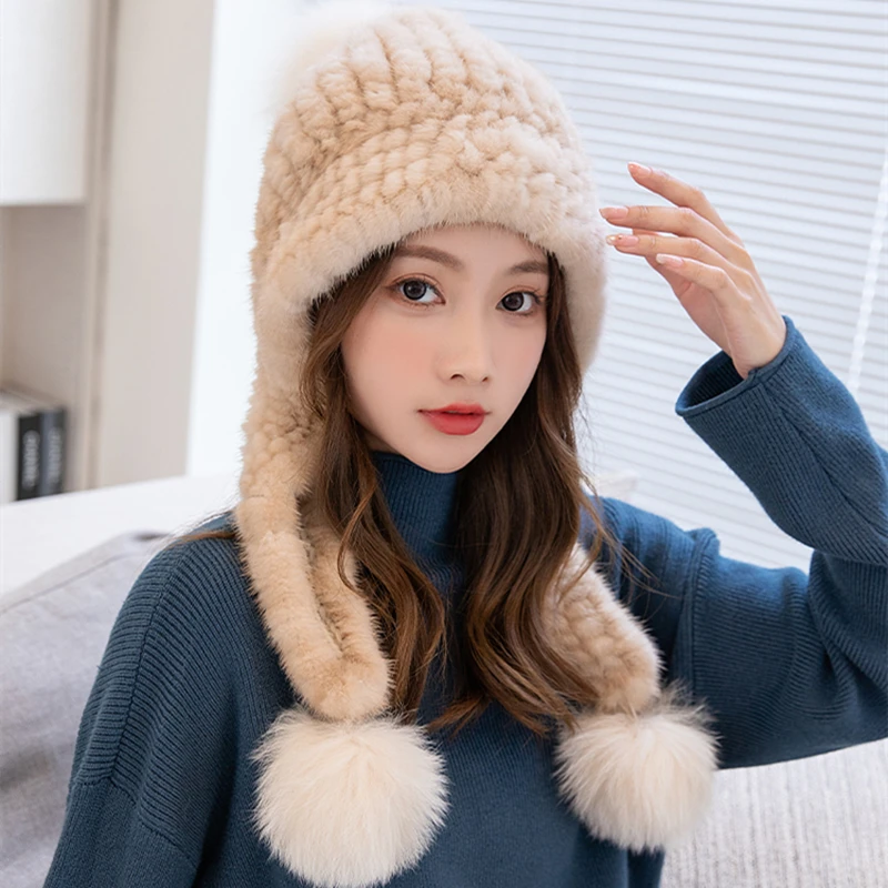 ZDFURS*Mink hat children winter lovely fox fur mink fur straw hat versatile northeast ear protection for warmth