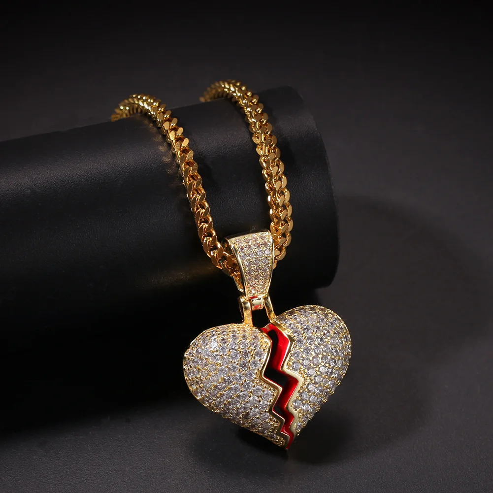 Фото Форма разбития сердца Iced Out Bling Bling латунный кулон и ожерелье Mirco Pave зубец установка для мужчин ювелирные изделия в стиле хип-хоп BP024 №2