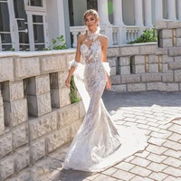 mermaid wedding dresses high neck lace appliqued robe de mariee sexy backless beach wedding bridal gown plus size