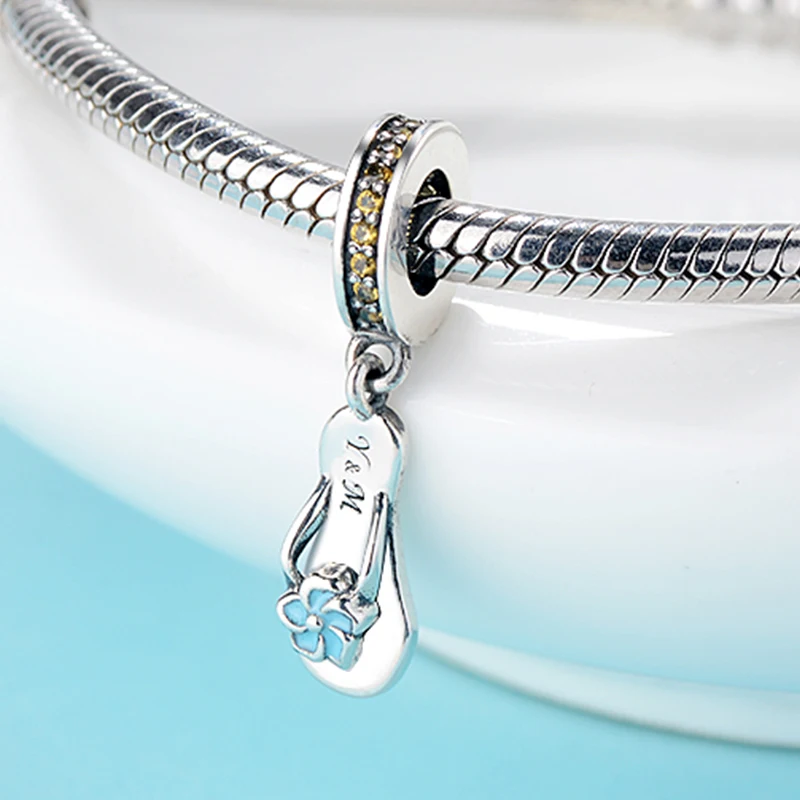 100% 925 стерлингового серебра с подвеской шлепанцов бусины Голубая Эмаль