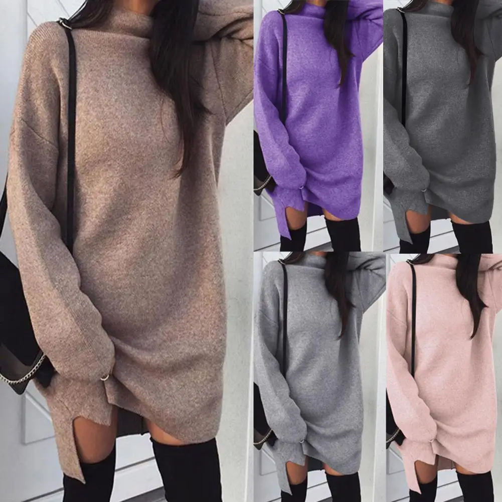 

Dropshipping Lady Dress Solid Color High Collar Casual Side Split Knitted Autumn Mini Dress for Daily Wear