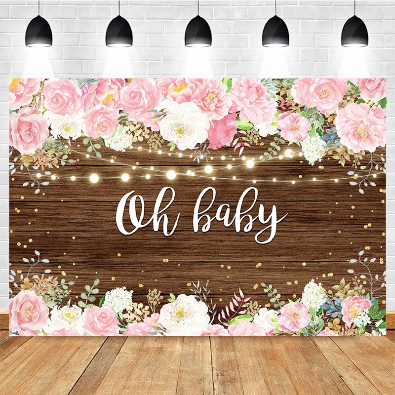 

Mocsicka Oh Baby Photography Background Flowers Wood Board Lighting Decoration Style Baby Shower Photo Backdrop Props Studio