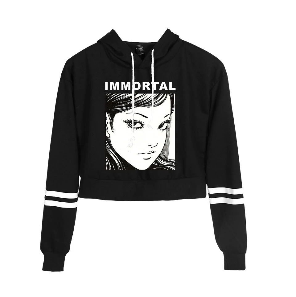 Junji Ito Cropped Hoodie Women Casual Streetwear Hip Hop Long sleeve Leisure Pullover Tops Horror Anime Sweatshirt