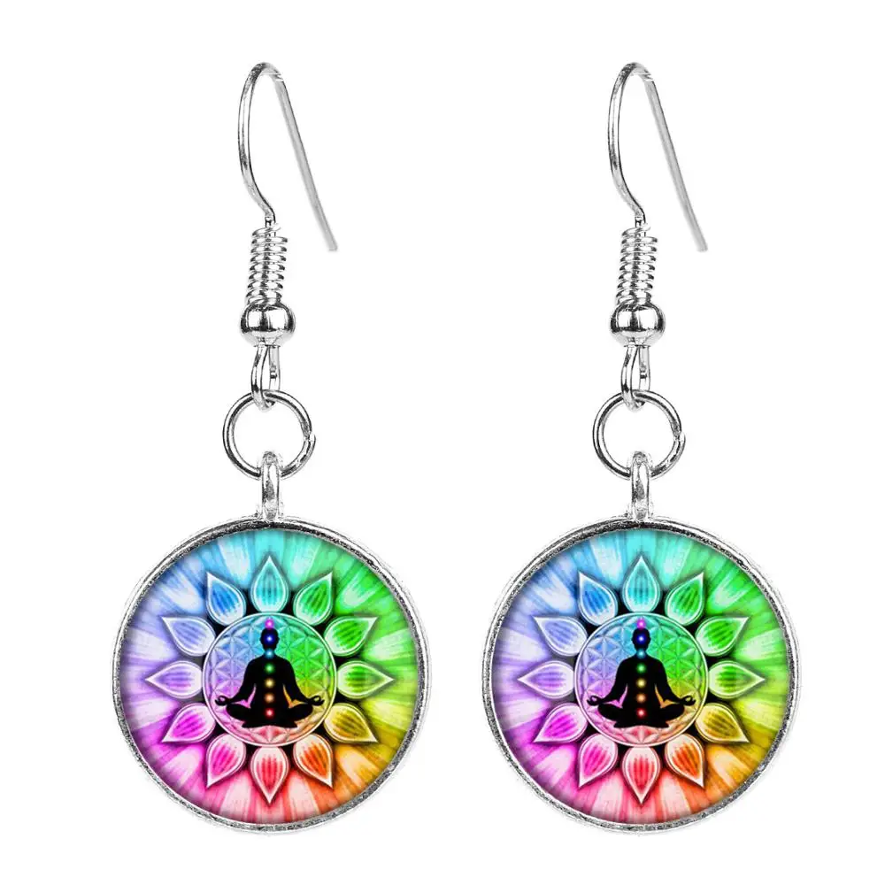 SIAN Rainbow 7 Чакра длинные висячие серьги рейки целебная Йога Будда стеклянные кабошоны серьги «медитация» ювелирные украшения