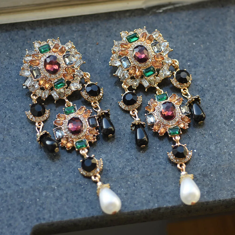 Vinatge Crystal Baroque Large Drop Earring Bohemian Ethnic Colorful Rhinestone Long Statement Dangle Earrings For Women Jewelry | Украшения