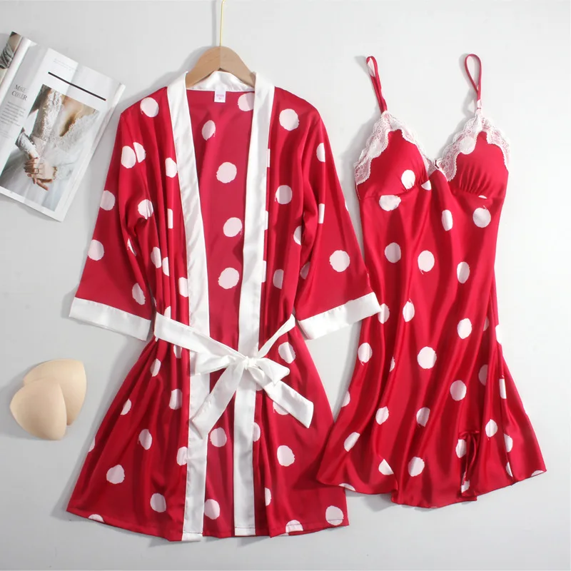 

Satin Print Dot 2PCS Robe Set Lady Kimono Bath Gown With Bow Lace Trim SEXY Bridal Wedding Gift Loose Sleepwear Lingerie