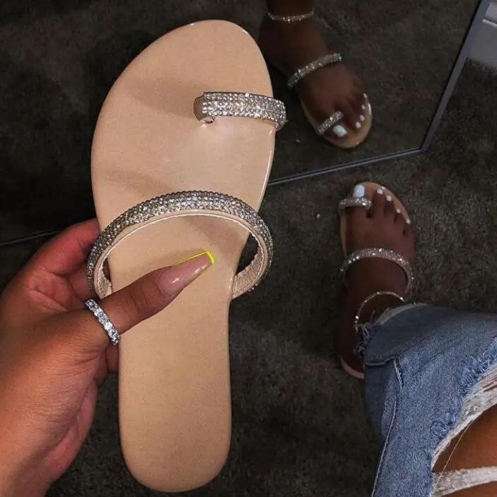 

2020 new women fashion wild women's shoes rhinestone flat sandals slippers beach shoes large size 37-41