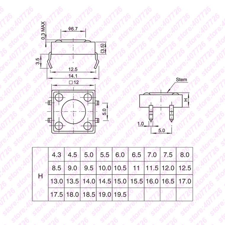 10 шт 12X12 H = 4,3/4,5/5/5,5/6/7/8~ 17 мм 4PIN DIP мгновенный тактильный переключатель кнопочный переключатель Черный