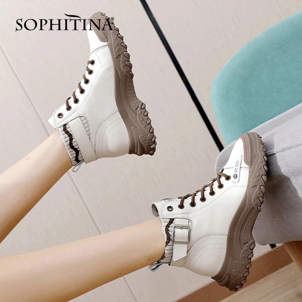 spesifikasi Sepatu Bot Platform Antiselip SOPHITINA Sepatu Gesper Harian Pencocokan Warna Kasual Wanita Sepatu Bot Pergelangan Kaki Wanita Kulit Lembut Bertali HO544