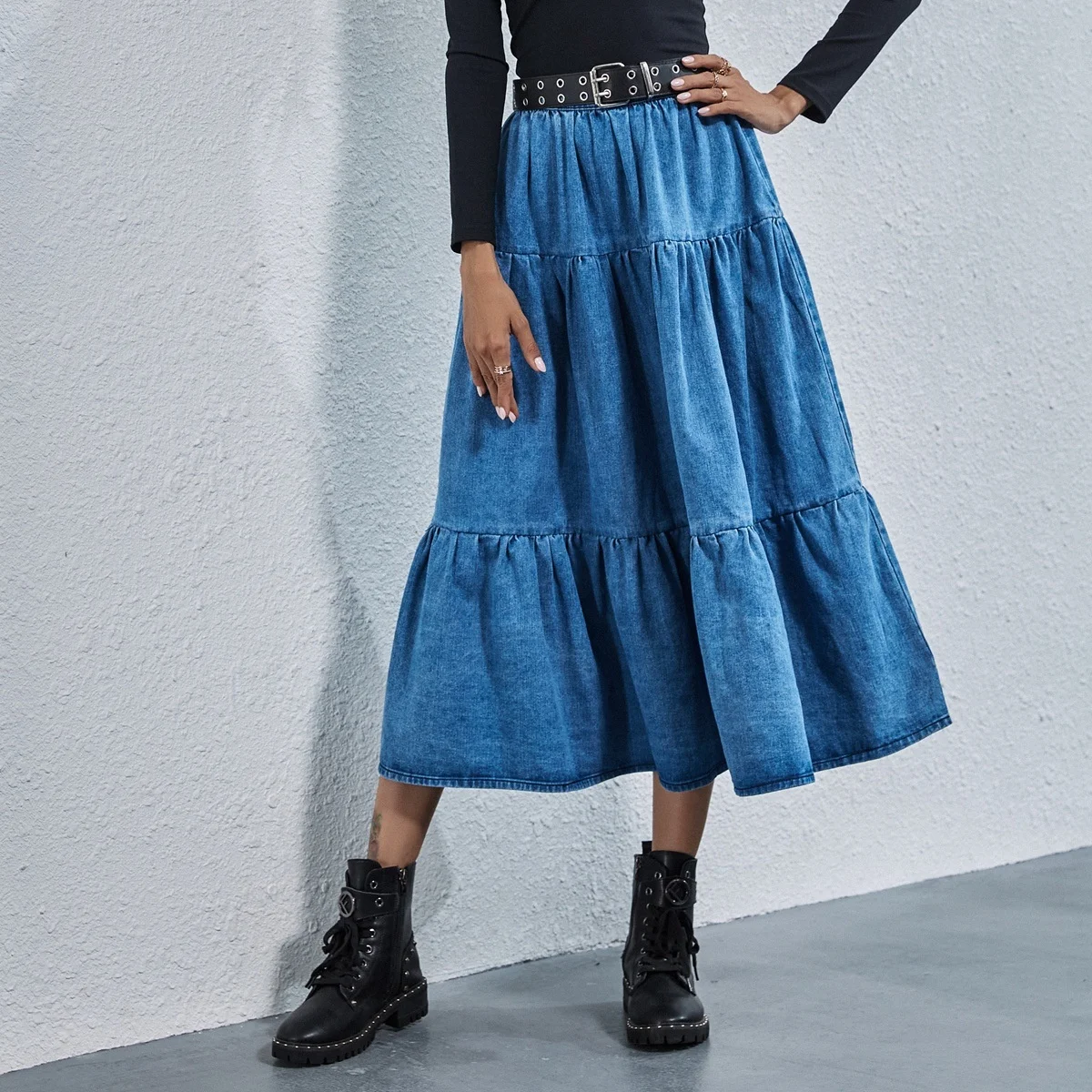 

Back Zipper Loose Large Swing Denim Skirt Autumn Summer A Line Layering Blue