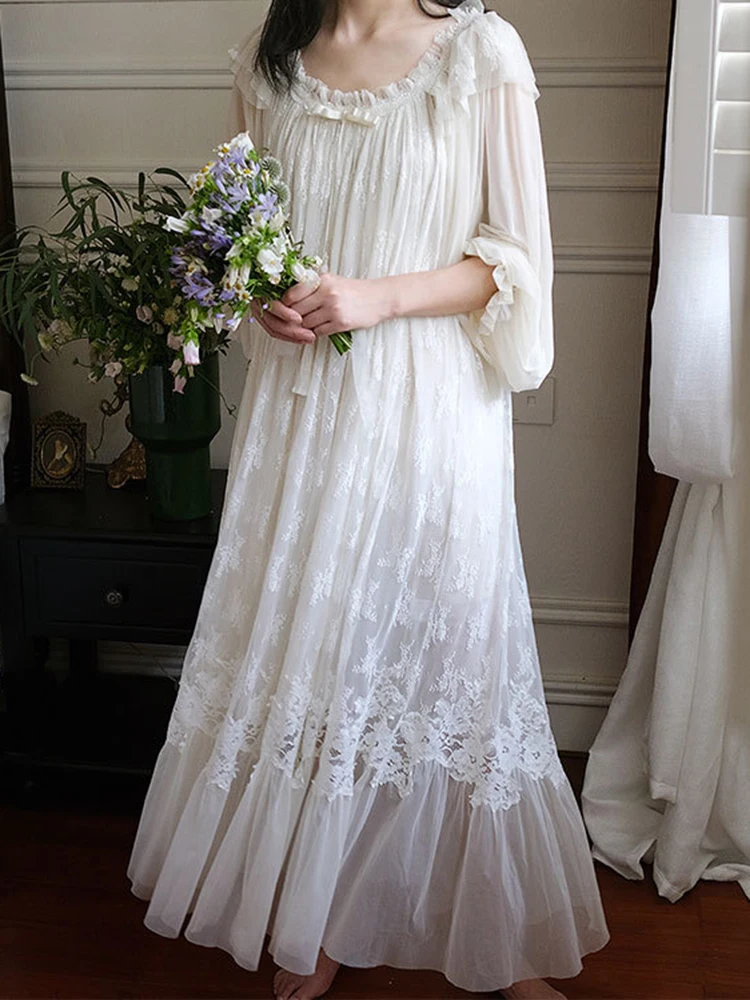 Высококачественная Женская длинная белая кружевная винтажная плиссированная