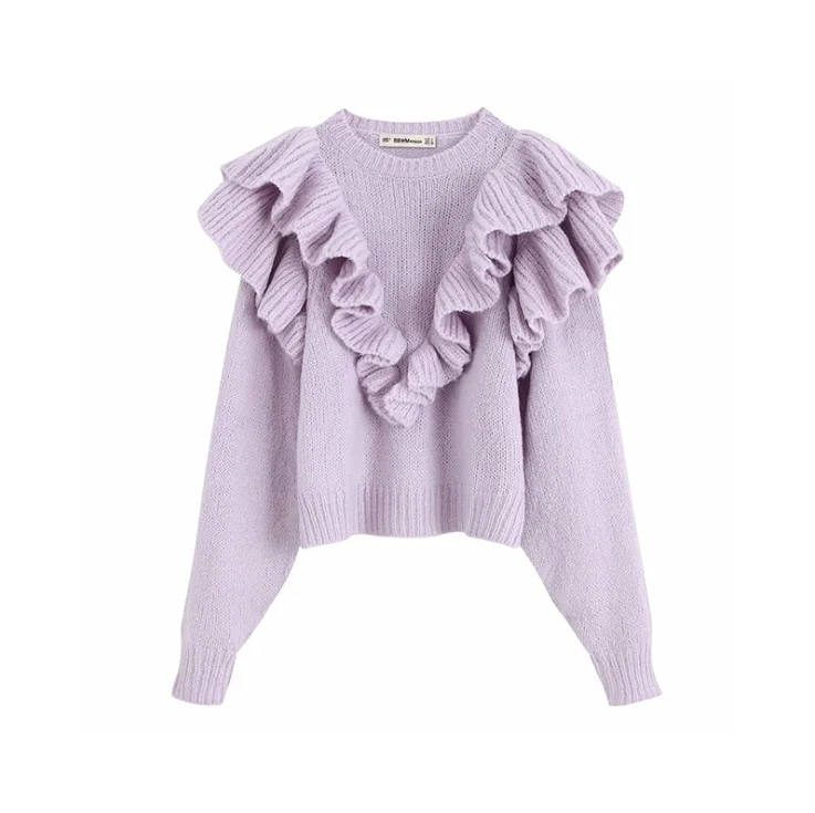 Стильный короткий вязаный женский свитер с оборками 2019 модные милые пуловеры