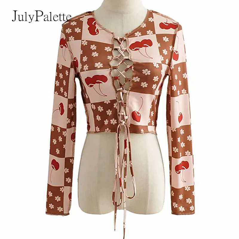 

Новая Осенняя женская рубашка Julypalette с принтом вишни, модная рубашка на шнуровке с длинным рукавом и круглым вырезом, топы, повседневные обл...
