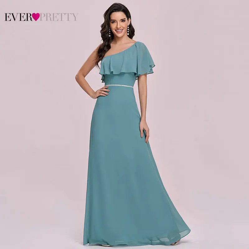 

Dusty Blue Bridesmaid Dresses Chiffon Ever Pretty Elegant A Line One Shoulder Ruffles Party Maxi Dresses For Women Robe Longue