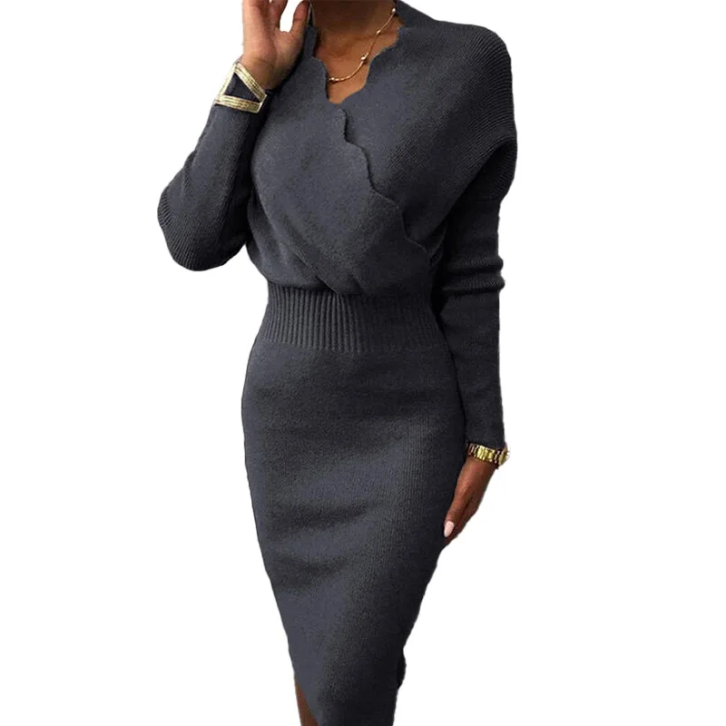 

Women Spring Solid Color Slim Package Hip Dress Ladies Long Sleeve Bodycon Midi Dress Elegant Casual V Neck High Street Dresses