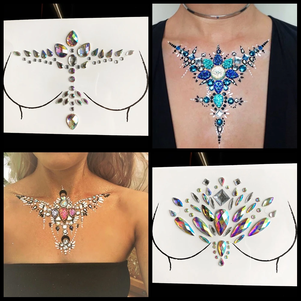 Наклейка с блестками для татуировок на грудь и самоцветами украшение груди