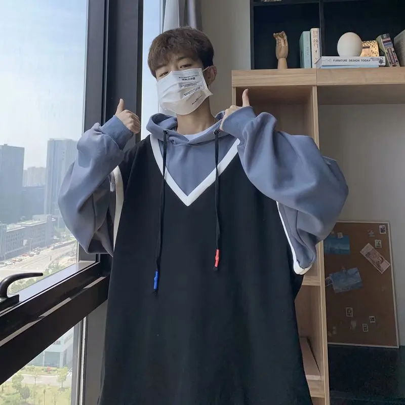 

Hoodie Fake Two-Piece Sweater Male Plus Velvet Thick Loose Style Trendy All-Match Autumn Winter Jacket New Fashion Long-Sleeve