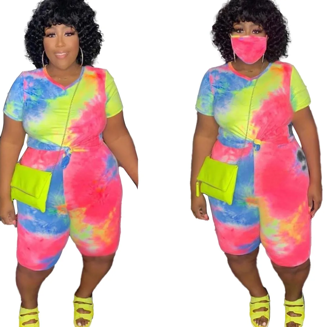 

Tie Dye Set Lounge Wear Plus Size Shorts Set for Women Ladies Summer 2021 Two Piece Matching Set Plus Rozmiar Topy and Short Set