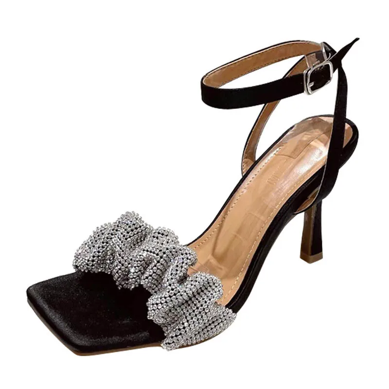 

Female Sandal High Heels Comfort Shoes for Women Large Size Girls High-heeled Stiletto Beige Rhinestone Clear Low Big Fashion Ca