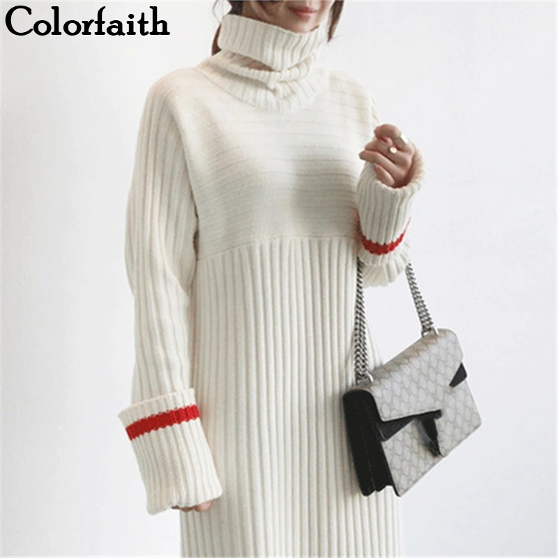 Colorfaith новинка 2019 Осень-зима женские платья пэчворк водолазка прямой вязанный