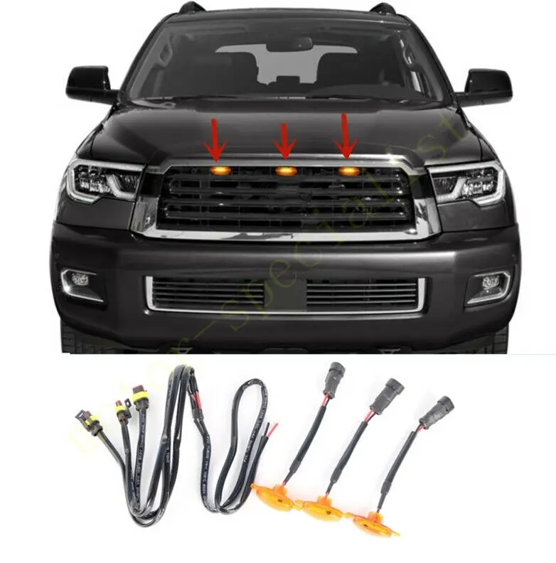

3pcs LED Car Front Grille LED Amber Light Raptor Style Light Kit Decor W/ Wire Speed For Toyota Sequoia 2018-2021