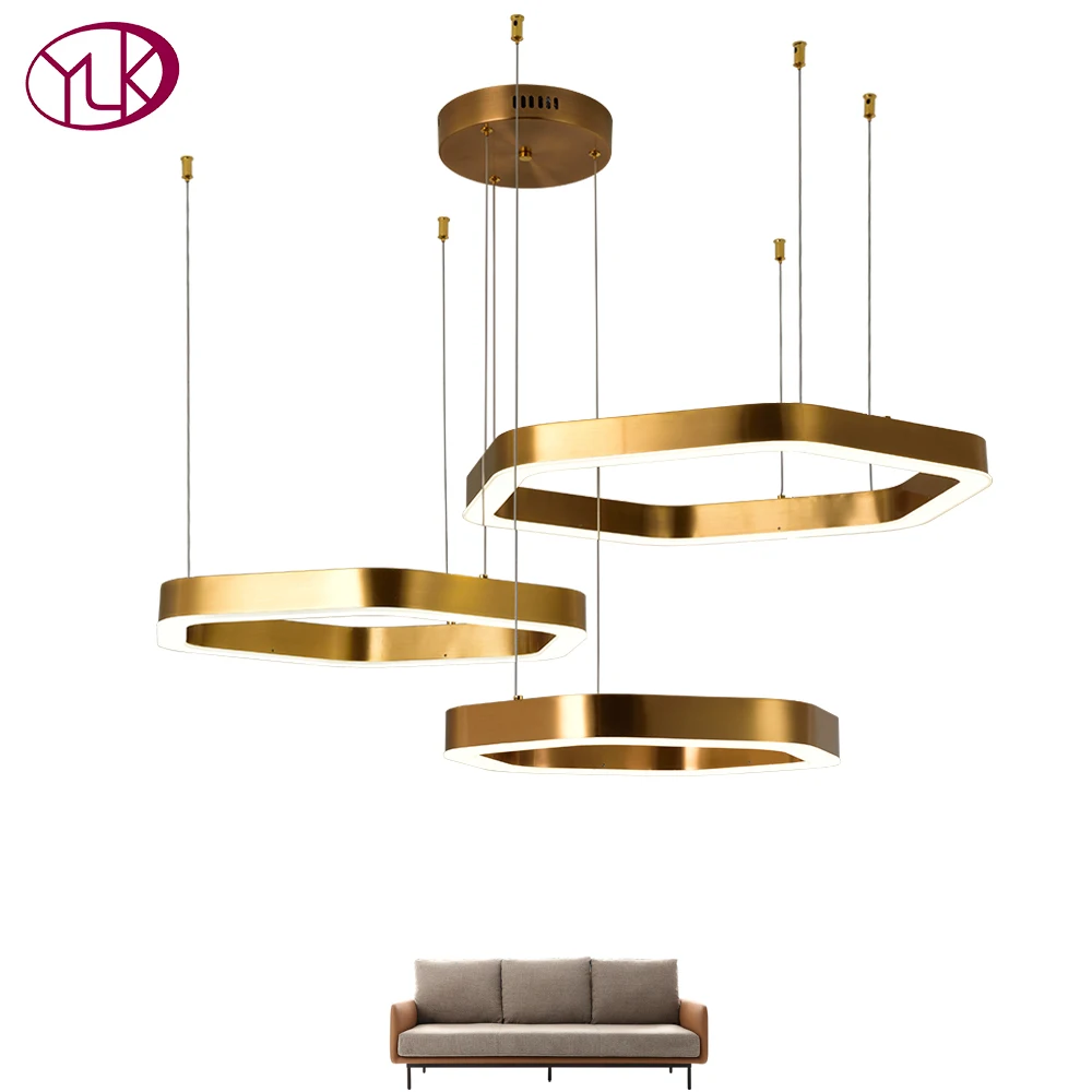 

New modern led chandelier for living room Hexagon combined ring lamps home decor gold stainless steel hanging lighting fixture