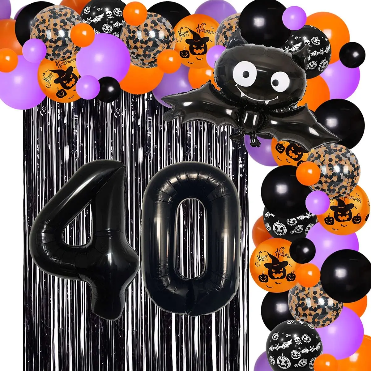 

Halloween 40th Birthday Party Decorations for Men Women Halloween Balloon Garland Arch Kit with Bat Foil Balloon Fringe Curtains