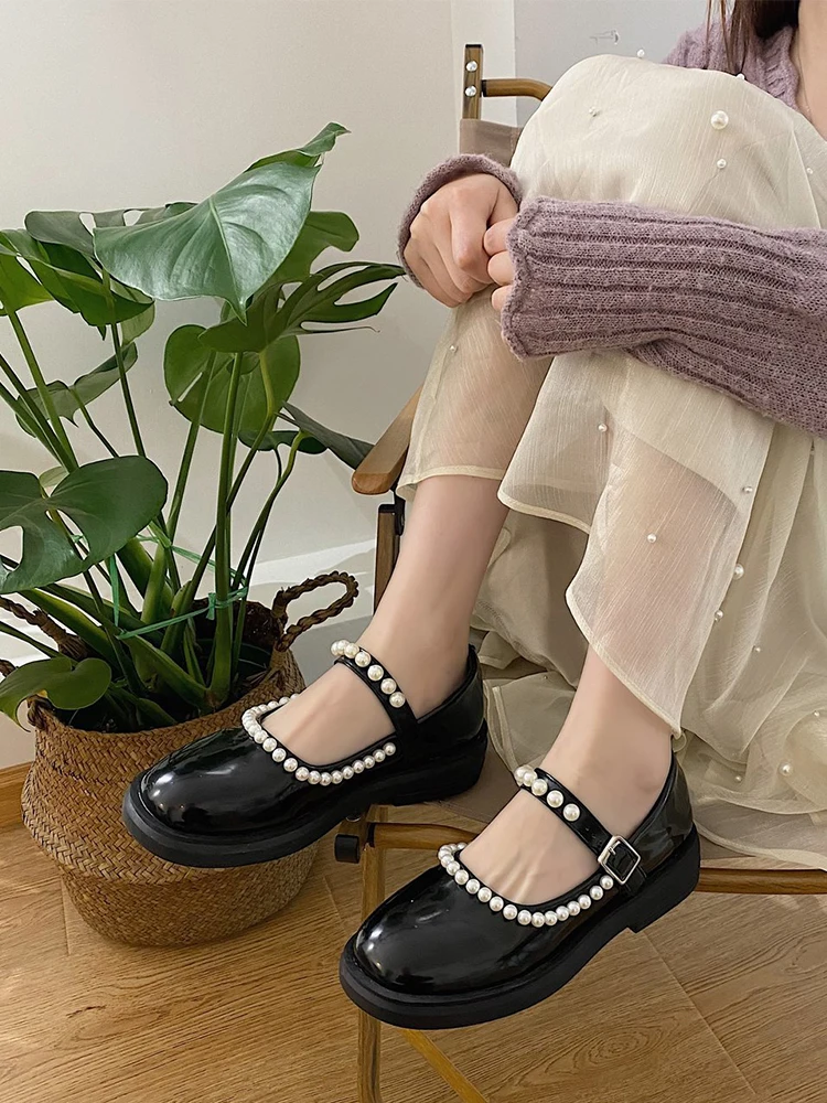 

Elegant Pearl Decorateion Round Toe Moccasin Shoes Female Footwear Casual Sneaker Oxfords Women's British Style Beading Moccasin
