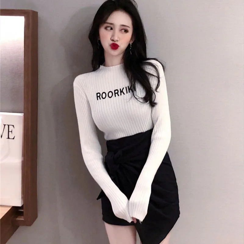 Вязаный свитер весна-осень женский новинка базовый эластичный с высоким