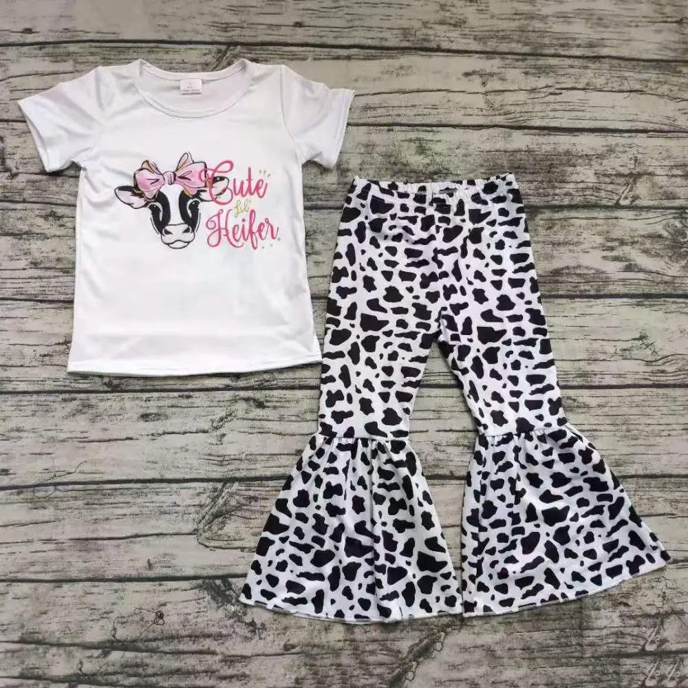 

Real hot sale milk cow with bowknot print 2pcs outfits for baby girl spring