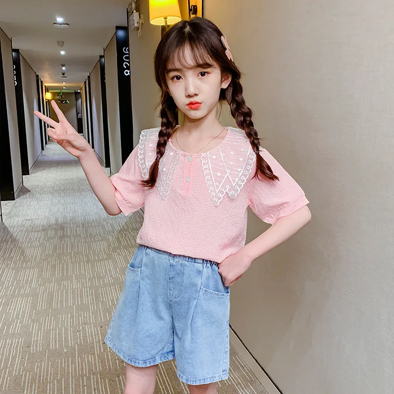 Girls Clothing Sets Summer Fashion Gauze Collar Short Sleeve Tops + Denim Shorts Kids Clothes Suit Children 3-13 Year Outfits
