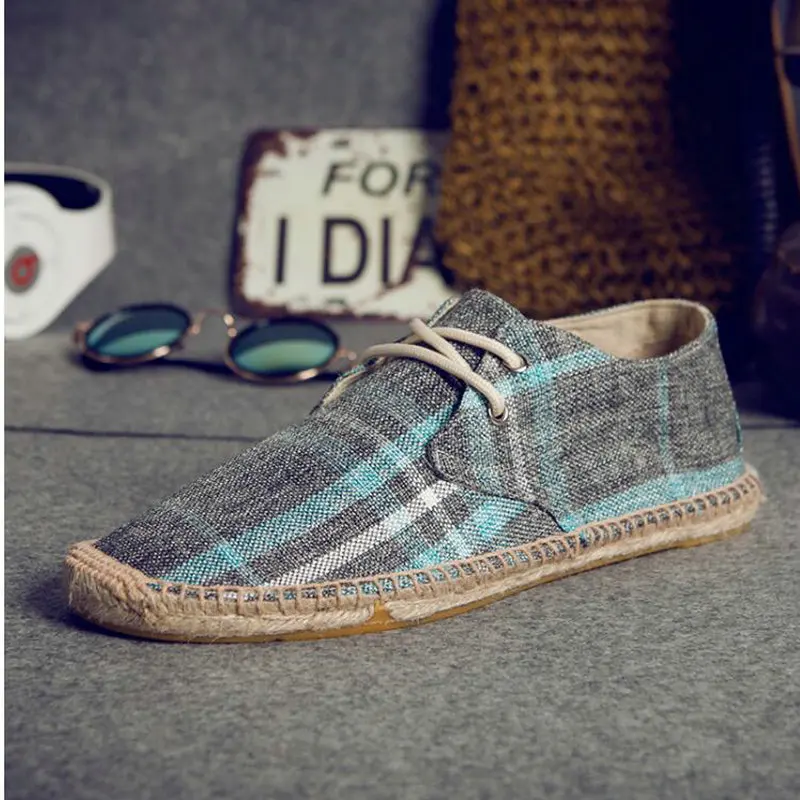 

New Male Nationa Style Breathable Lace Up Casual Canvas Hemp Insole Fisherman Light Shoes Men Espadrille Flats Shoes Sneakers