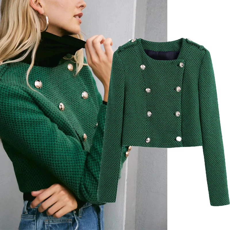 

ZA Women Autumn Winter Solid Jacket Coat 2021 O-neck Double Breasted Fashion Vintage Style Pockets Coats Outerwear Chic Tops