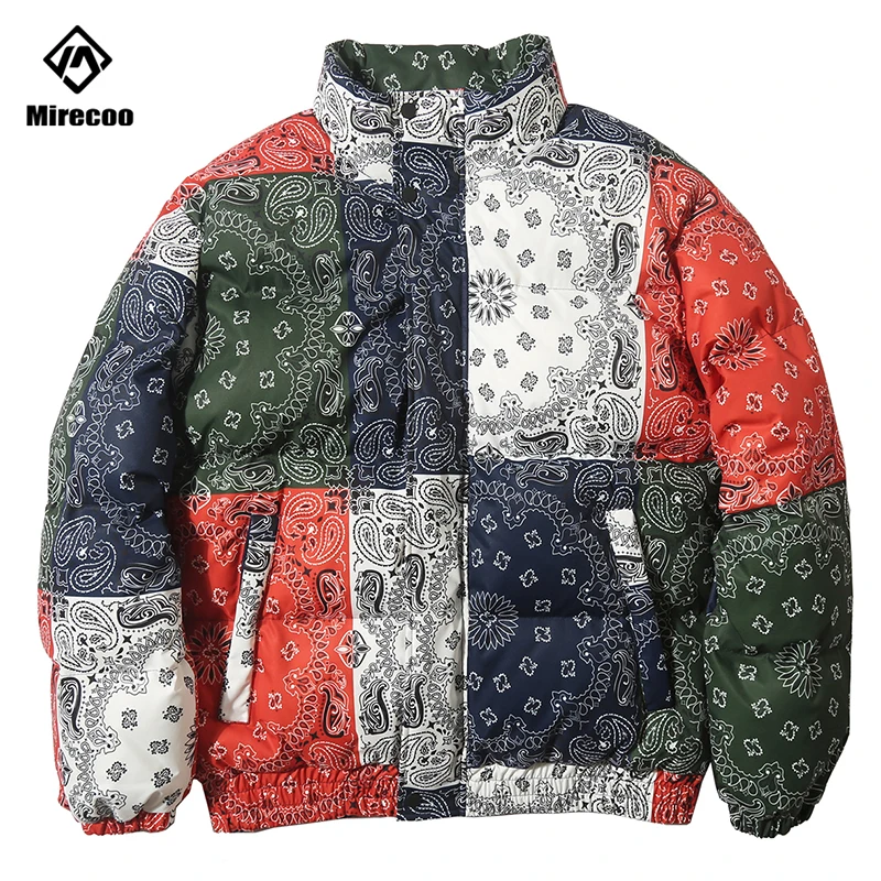Куртка с узором пейсли парка Harajuku пэчворк цветная Мужская зимняя ветровка