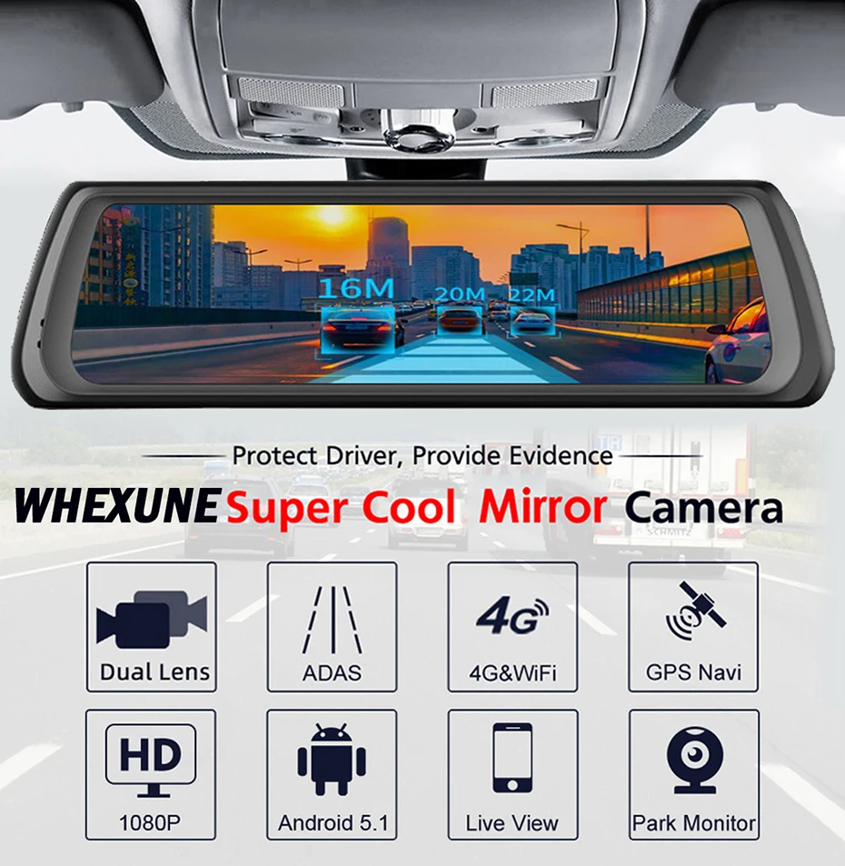 WHEXUNE 4G Автомобильный видеорегистратор Android Touch ADAS Dash Cam Автомобильное зеркало заднего вида 10 дюймов видеорегистратор двойной объектив gps навигатор рекордер WiFi