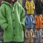 Женский вязаный кардиган на пуговицах, повседневный однотонный теплый свитер с капюшоном и длинным рукавом, размера плюс с карманами, зимняя верхняя одежда