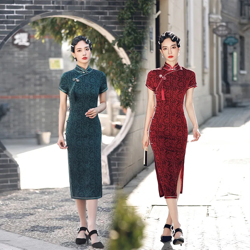 

Spring and Summer New Improved Cheongsam Dress Fashionable Lean Flower Luo Jacquard Medium-length Flag Robe Dress