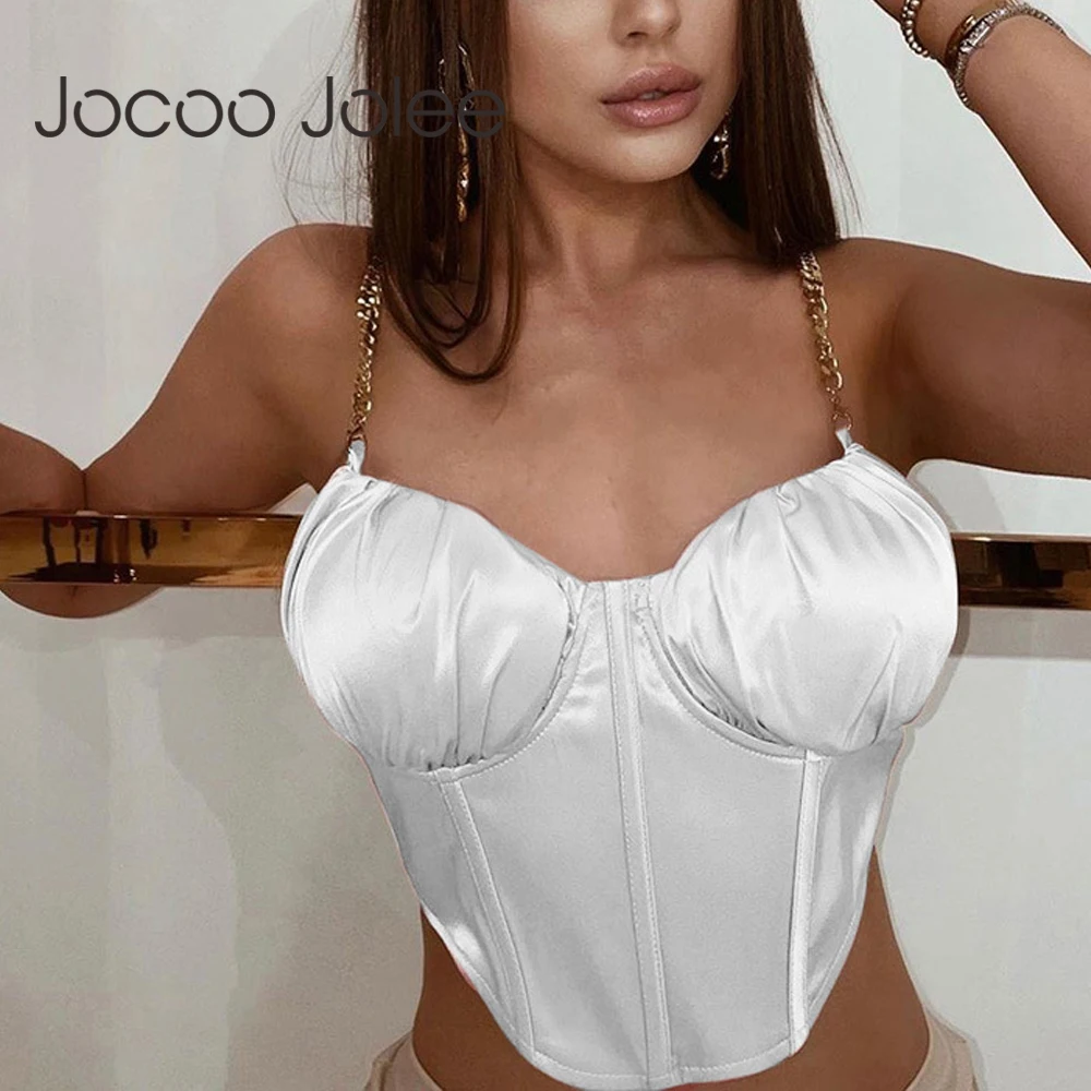 

Jocoo Jolee Women Summer Sexy Pleated Backless Patchwork Streetwear Chain Solid Satin Corset Elegant Party Club Skinny Tank Top