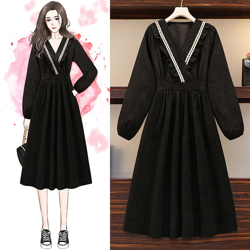 

4XL Plus Size Women Black Vintage Corduroy Dress Spring 2021 Lace V-neck Ruffle Patchwork Long Sleeve Loose Ladies Midi Dresses