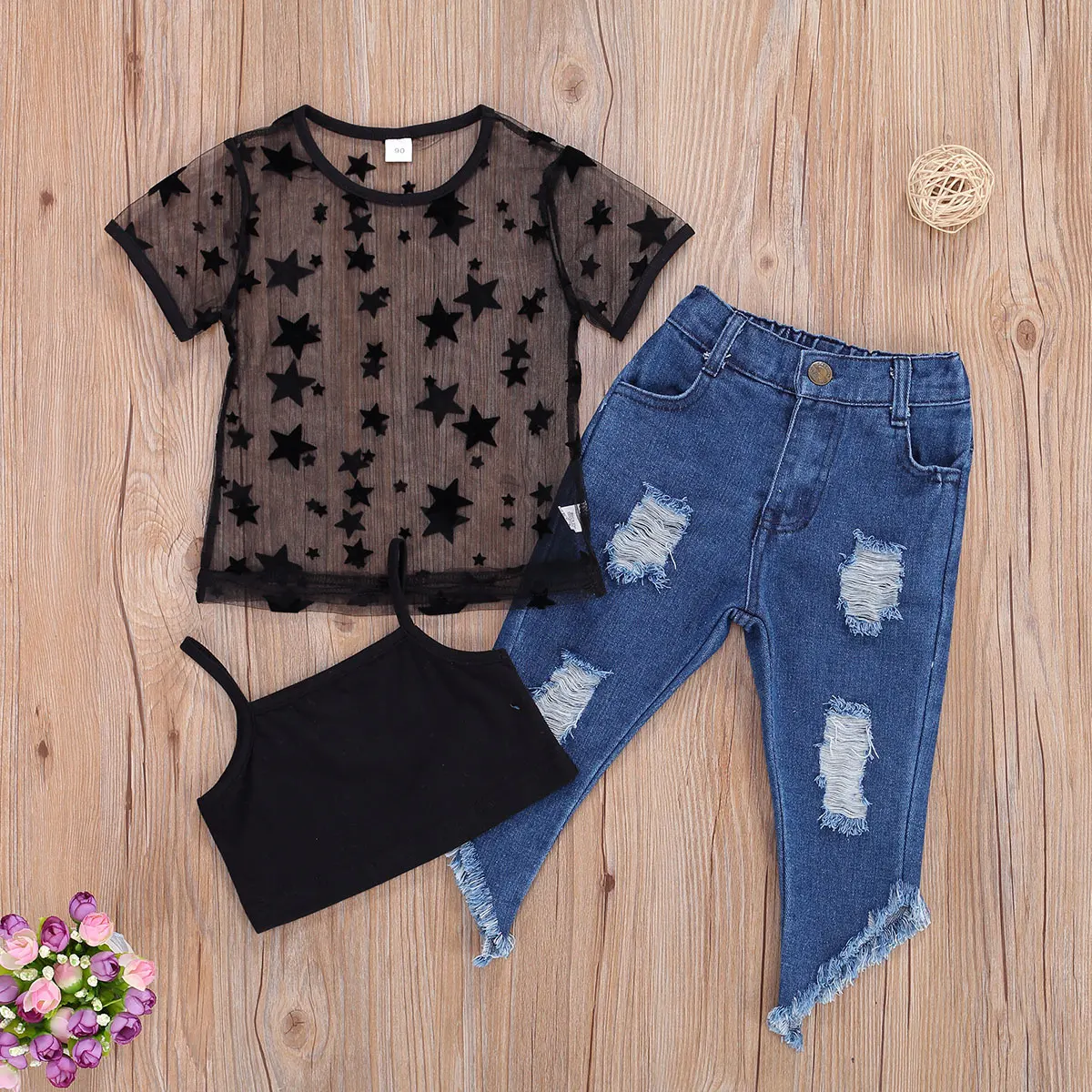 

Summer Baby Kids Girls Black Lace Vest Tops Star ShortSleeves T-Shirt + Denim Ripped Pants Irregular Legs Suits Set