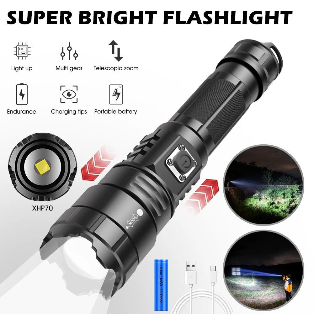 

LED Rechargeable XHP70 Flashlight with 5 Modes Super Bright Zoomable Torch Lamp for Hunting Hiking Walking Camping Outdoor Tools