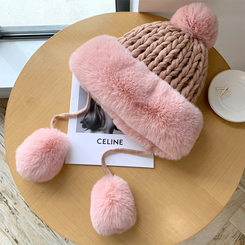 

2021 hat Women's Mink winter Knit Bomber Hat Thick Female Fluffy Pompom Outdoor Warm Windproof Earflap hat Trapper Snow Ski Caps
