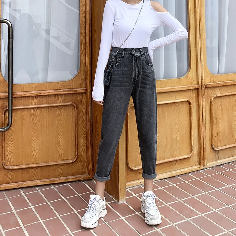 

Autumn Women High Waist Loose Harem Dad Jeans Female Denim Streetwear Cropped Trousers Lady Students Slim Straight Length Pants