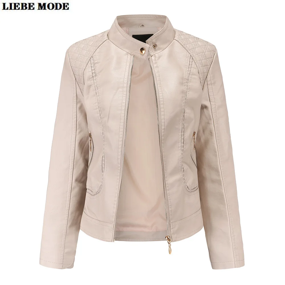 Ladies Motorcycle Biker Stand Collar Faux Leather Jacket Coat Khaki Brown Grey Red Bomber Pu Jackets for Women Slim Fit Outwear