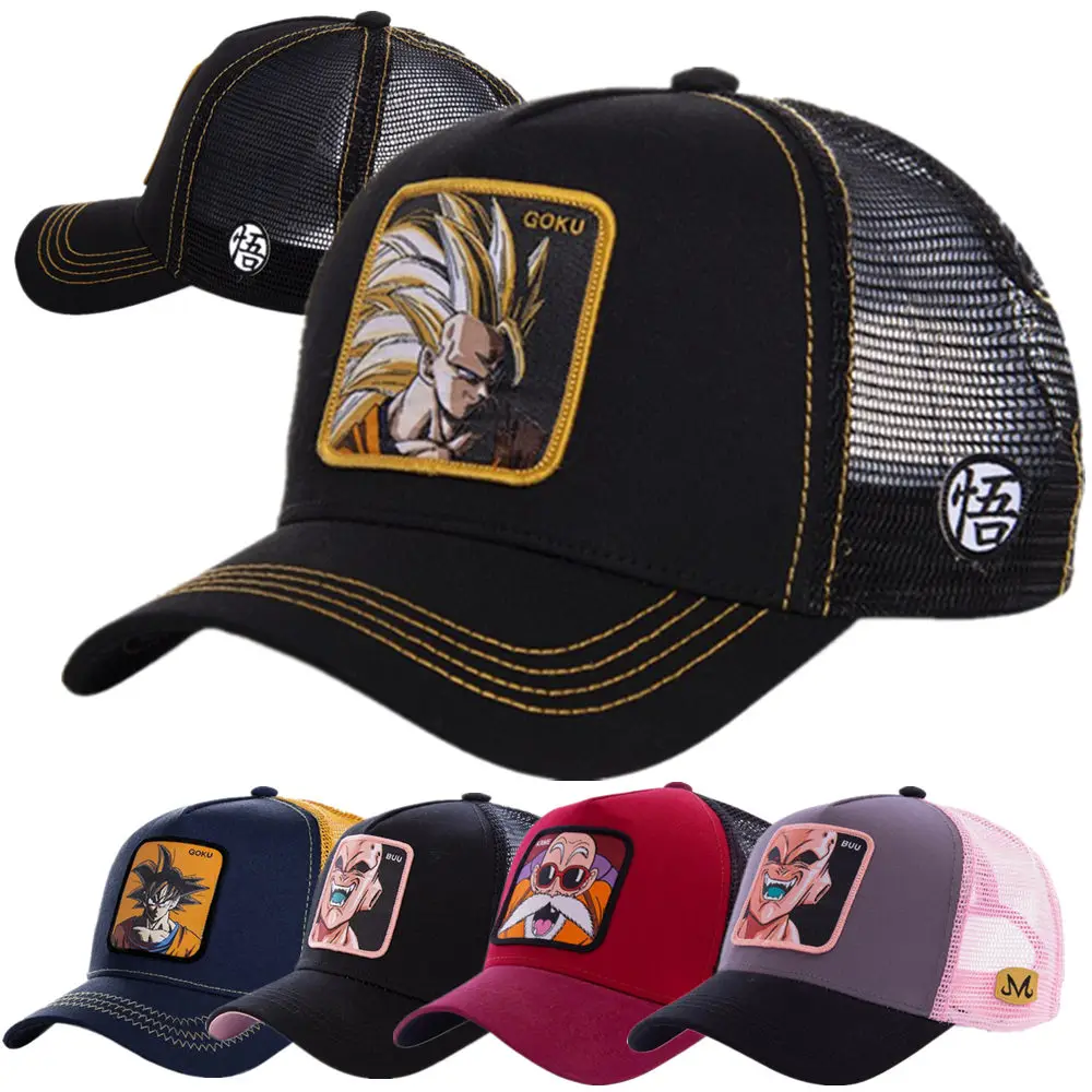 

New Brand Anime Mesh Hat Goku Baseball Cap High Quality Black & Yellow Curved Brim Snapback Cap Gorras Casquette Dropshipping