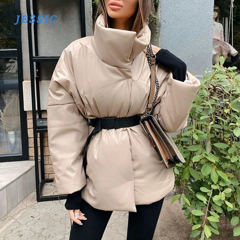 

JESSIC Autumn Winter Women Coat Jacket Parkas Warm With Belt Casual 2020 Loose Pocket Bubble Khaki Sashes Short Jackets Thick