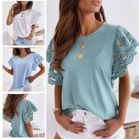 2021 spring and summer new womens stitching short sleeved fashion all match round neck lace t shirt