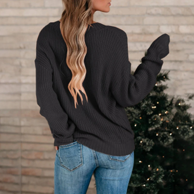 

2020 Women's Fashion Casual V-neck Long Sleeve Solid Color Sweaters Female Loose Keep Warm Autunm Winter Women Clothing Sweaters