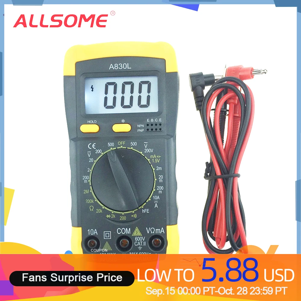 

ALLSOME Digital Multimeter For DC AC Voltage Diode Freguency Multitester Volt Tester Peak Tester Meter Capacitance Meter
