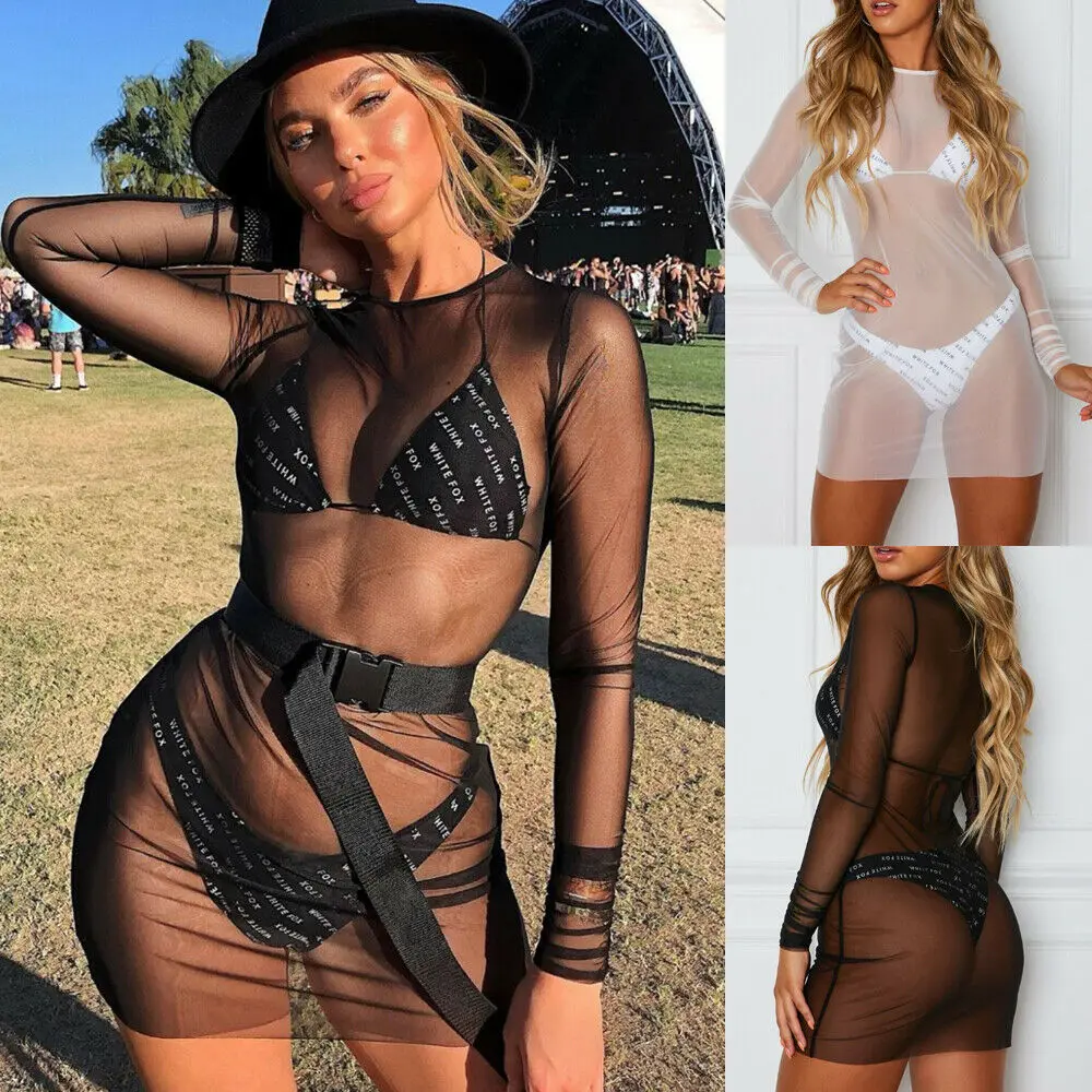 

Sexy Mesh Sheer See Through Bikini Cover Up Women Sarong Bathing Suit Swimwear Beach Mini Dress Swimming Suits Cover-ups